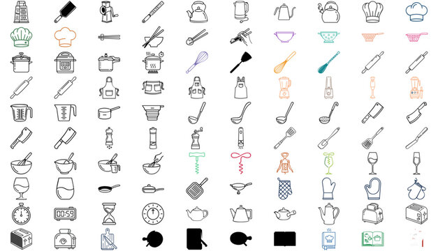 Mega Vector Icon Set of 100 Kitchen Cooking Tools. Minimalist line art bundle featuring appliances, utensils, chef hats, kettles, graters, pressure cookers, and cookware for culinary food design.