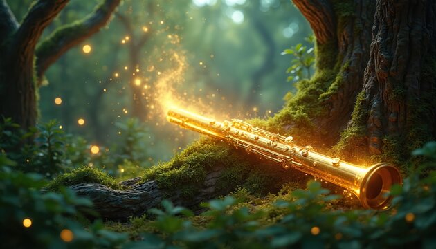 Golden flute rests on mossy forest floor. Magical light particles emanate from instrument. Enchanted woods setting with glowing orbs. Mysterious nature ambiance. Peaceful musical fantasy.
