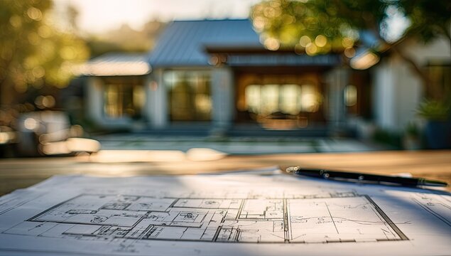 Architectural Blueprint and Modern House Exterior at Sunset.
