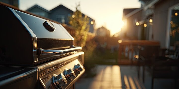Outdoor Barbecue Grill in a Backyard at Sunset with String Lights.