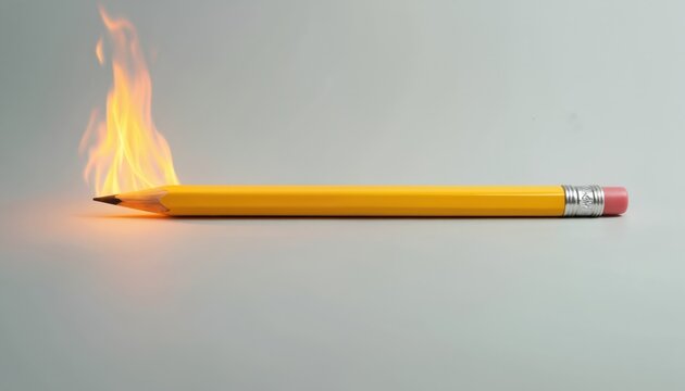 Yellow pencil burns with bright orange flame. Concept of burning ideas or creative inspiration and imagination. Office supply lit on grey background.