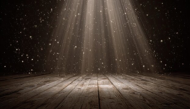 Dust Particles Floating in Dramatic Spotlight on Wooden Floor.