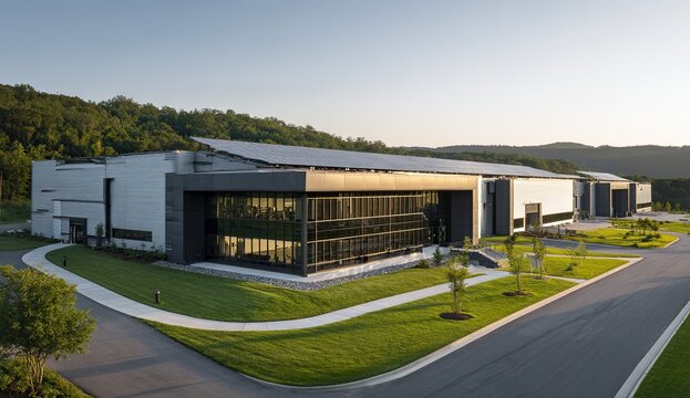 Modern Industrial Building Exterior with Glass Facade and Landscaping.