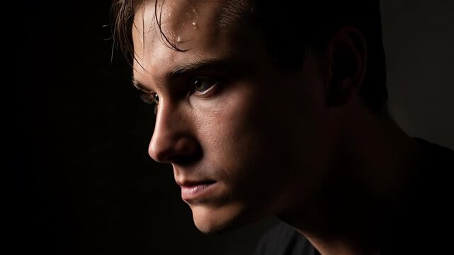 Man's face contorted in extreme exertion and shouting, sweat dripping