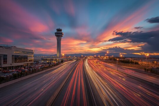 Dramatic Sunset Over Airport Control Tower and Traffic Trails.