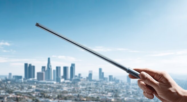 Hand holding a pointer stick against a cityscape backdrop.