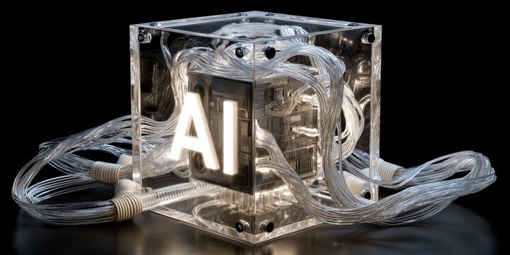 Sci-fi AI engine module with glowing typography, server-like cables and dark studio mood for technology advertising.