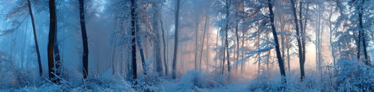 Winter Forest Panorama at Sunrise with Frosty Trees and Soft Light.