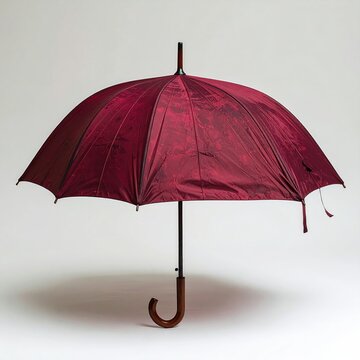 Elegant burgundy umbrella with a curved wooden handle standing against a soft gray background perfect for rain protection and style