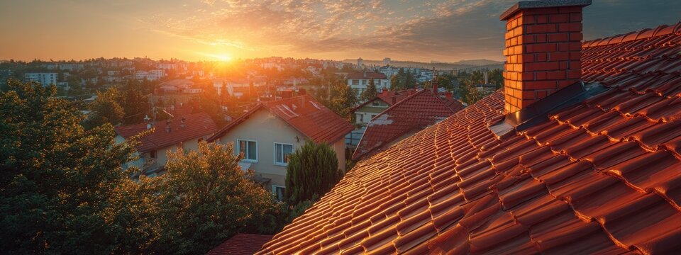 Sunset Over Rooftops with Chimney and Trees.