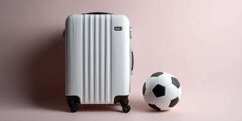 Minimalist studio shot of a white travel suitcase standing next to a soccer ball on a light pink background, ideal for concepts of sports tourism, football tournaments, and fan travel