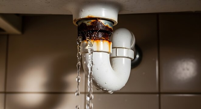 Leaking, rusty plumbing under a sink. Water dripping from a damaged pipe. Close-up shot
