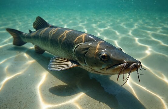 Large European catfish swims in clear shallow water near sandy bottom. Sunlight creates rippling patterns on submerged ground. Fish has barbels near its mouth.