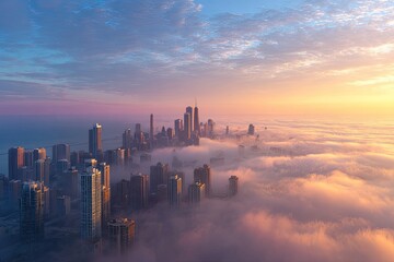 Naklejka premium Aerial View of Dubai Skyline Emerging from Morning Clouds at Sunrise.