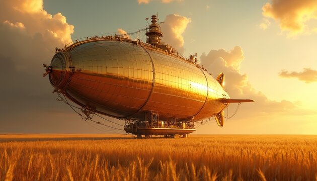 Golden steampunk airship floats above sunlit wheat field. Majestic zeppelin journeys through golden clouds at sunset. Fantasy adventure airship flies over golden landscape.