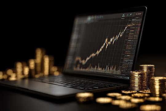 Laptop displaying stock market graph surrounded by gold coins symbolizing financial growth.