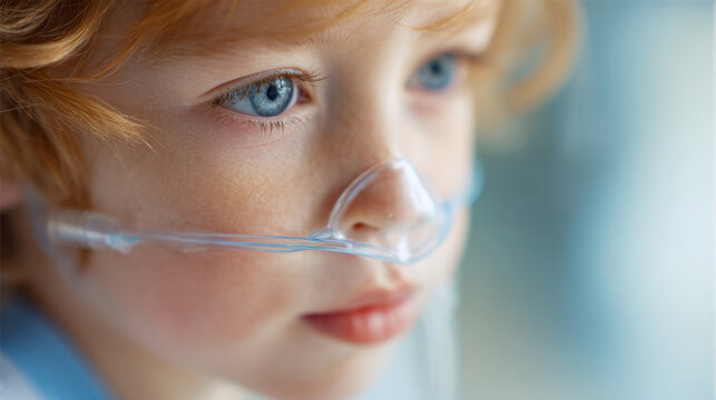 Young child with bright blue eyes wearing a clear oxygen nasal cannula, gazing thoughtfully with soft natural light and blurred background for a hopeful medical conc