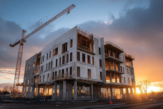 Modern Building Under Construction at Sunset with Crane.