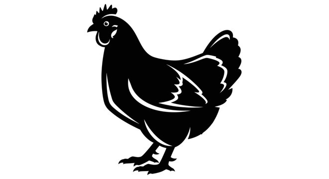Black silhouette of a chicken standing on white background, isolated vector illustration