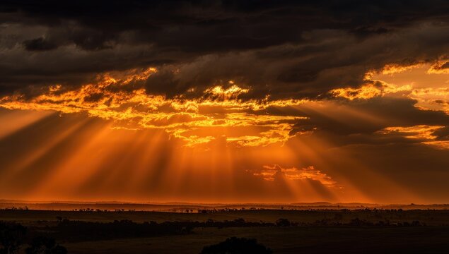 Dramatic Sunset Sky with Golden Sunbeams Breaking Through Dark Clouds.