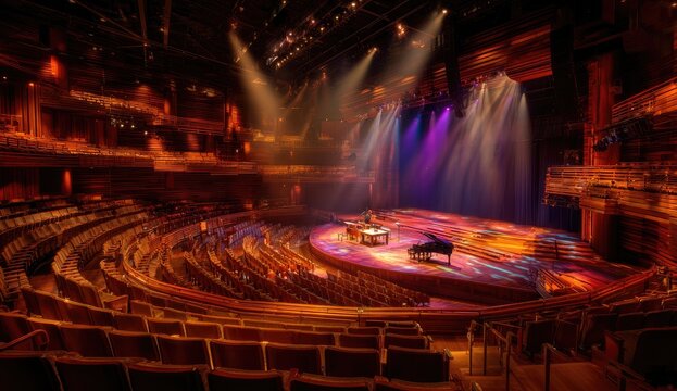 Empty Theater Stage with Dramatic Lighting and Seating.