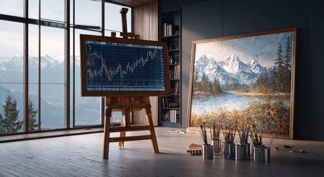 Artists studio with stock market chart on easel and mountain landscape painting.