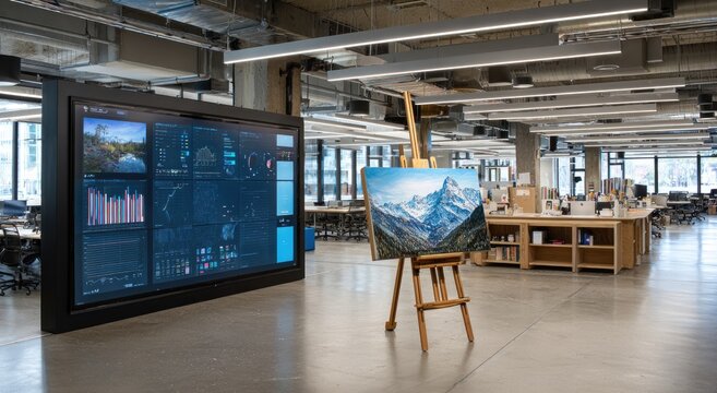 Modern Office Space with Digital Display and Easel Painting.