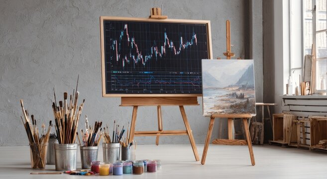 Artistic Representation of Financial Market Analysis on an Easel.