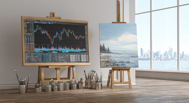 Artistic Interpretation of Financial Market Data on Easels.