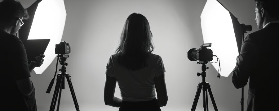 Studio photo shoot with professional team creating content. Woman poses for camera in bright lighting. Crew uses modern tech for visual production in indoor setting, teamwork.