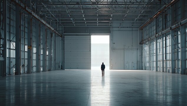 Lone Figure Standing in Vast Empty Industrial Warehouse with Bright Light.