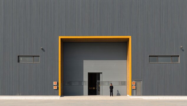 Modern Industrial Warehouse Entrance with Yellow Frame and Lone Figure.