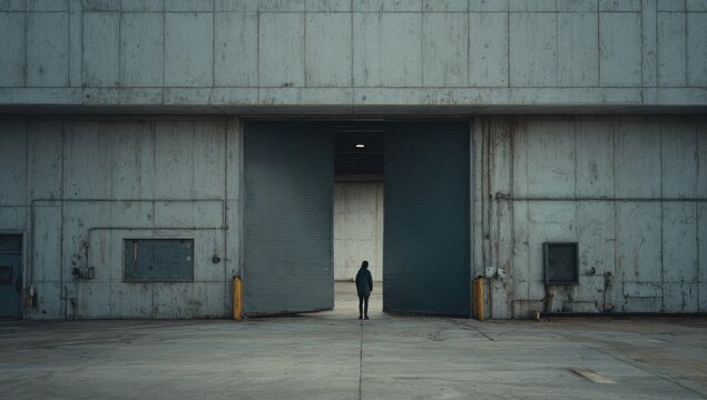 Lone Figure Stands Silhouetted in the Vast Entrance of an Industrial Hangar.