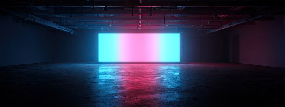 Futuristic Neon Tunnel with Glowing Blue and Pink Lights Reflecting on Wet Floor.