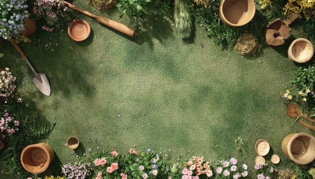 Overhead View of Gardening Tools and Plants Arranged Around a Green Space.