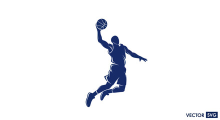 Silhouette of a basketball player dunking a ball, dynamic action pose, isolated on white background © Saiful