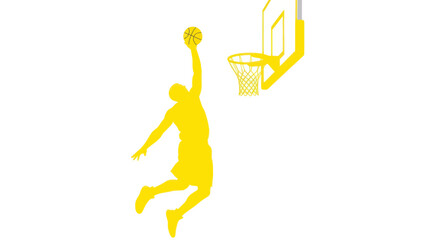Silhouette of a basketball player dunking the ball into the hoop, yellow on white background © Saiful