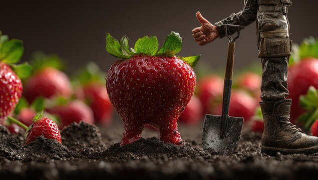 Giant Strawberry with Legs in a Field Giving Thumbs Up.