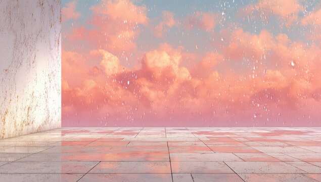 Dreamy Pink Sky Over Calm Ocean Reflecting on a Modern Terrace.