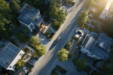 Fototapeta premium Aerial View of Suburban Neighborhood with Solar Panels and Trees.