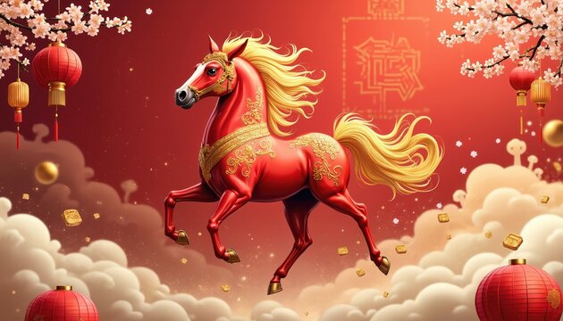 Red horse with gold decor runs fast past pink cherry blossoms, red lanterns. Golden coins, clouds float around. Festive Chinese New Year scene suggests luck, prosperity. Animal zodiac celebration