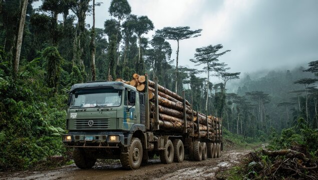 Logging truck transporting felled trees through a dense, muddy forest road.