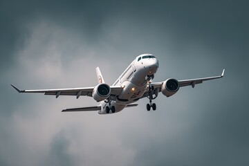 Naklejka premium Commercial Airplane Descending for Landing Against a Cloudy Sky.