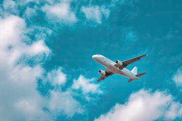 Fototapeta premium Commercial Airplane Flying High Above Clouds in a Blue Sky.