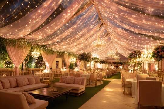 Elegant Wedding Tent Reception with Romantic String Lights and Seating.