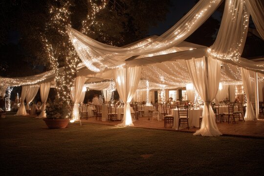 Elegant Outdoor Wedding Reception Tent with String Lights at Night.