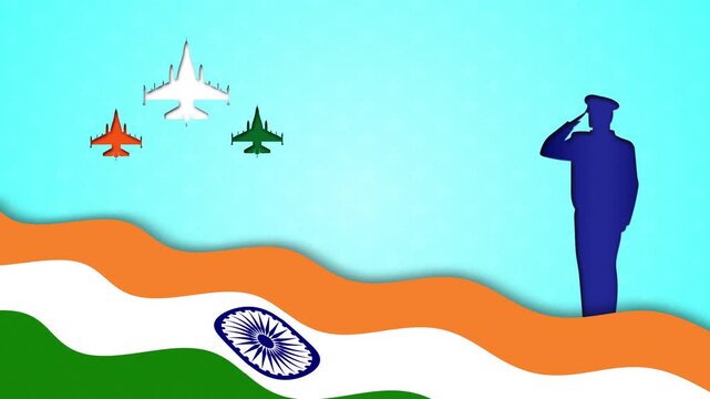India national flag waving with jets and soldier