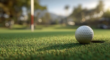 Obraz premium Golf ball resting on green grass near flagstick on sunny day.