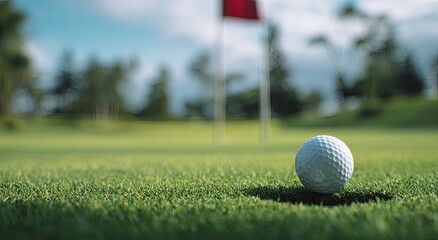 Obraz premium Golf ball on green grass near hole with flag.