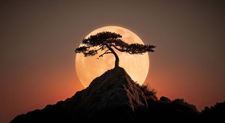 Naklejka premium Silhouette of a lone tree on a rocky outcrop against a large, glowing moon.